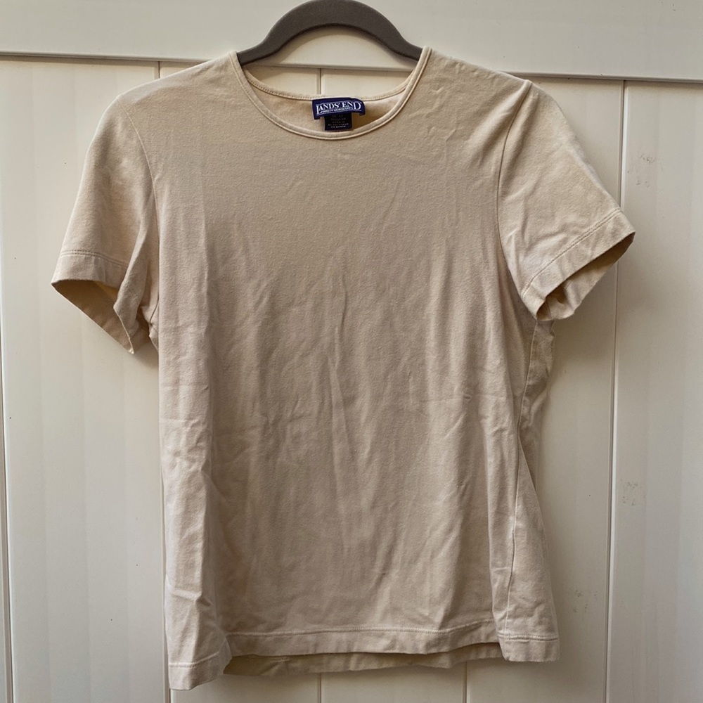 Lands End Womens T Shirt Top Crew Neck Short Sleeve 96% Cotton Basic Cream SZ M